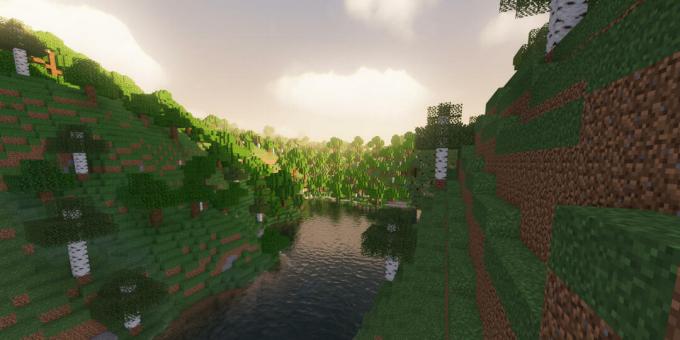 Özel gölgelendiricilere sahip bir Minecraft dünyasının ekran görüntüsü.