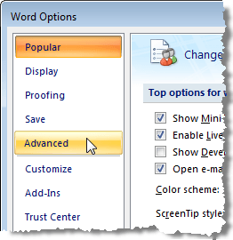 Dostęp do zaawansowanych opcji programu Word w programie Word 2007