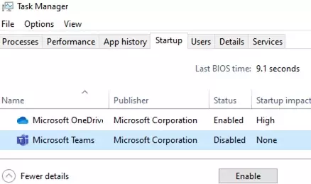 Microsoft Teams на вкладке запуска диспетчера задач Windows