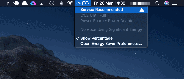 Ostrzeżenie dotyczące zalecanego serwisu dotyczące baterii komputera Mac.