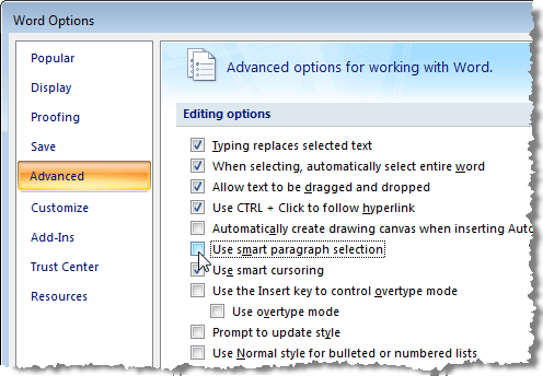 Anular la selección de usar la selección inteligente de párrafos en Word 2007