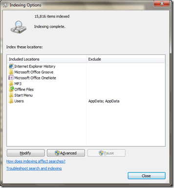 Konfigurirajte možnosti indeksiranja iskanja za Windows Vista in 7