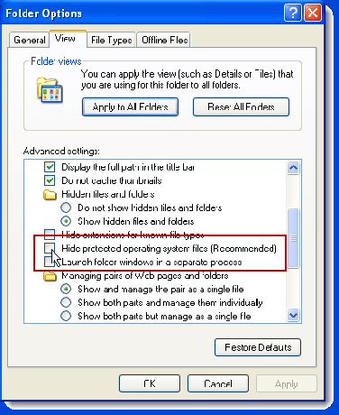 Opción de ocultar archivos protegidos del sistema operativo