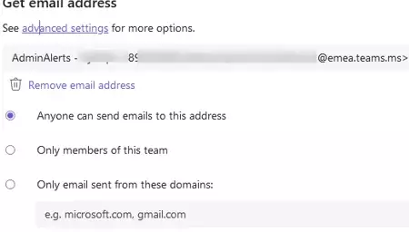 Разрешить отправлять сообщения электронной почты на адрес Teams
