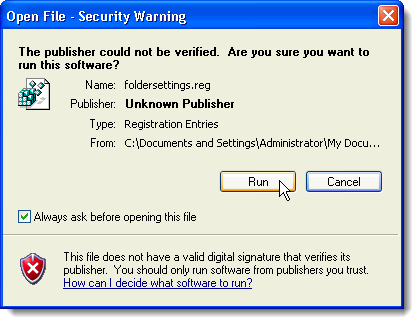Диалоговое окно "Предупреждение системы безопасности" о файле foldersettings.reg