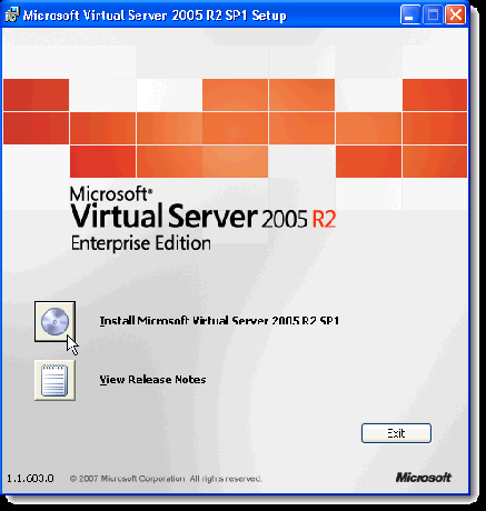 Pantalla de configuración inicial de MS Virtual Server