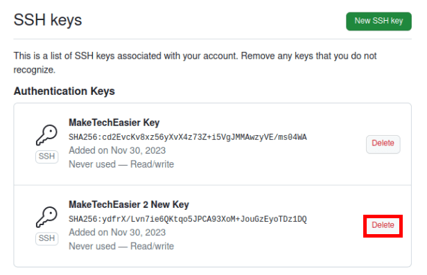 Снимок экрана, на котором выделена кнопка «Удалить» для недавно измененного ключа SSH.