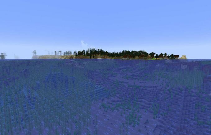 Ocean Monument og en landsby i Minecraft.