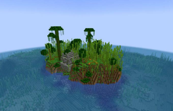 Малък остров в джунглата с храм в джунглата.