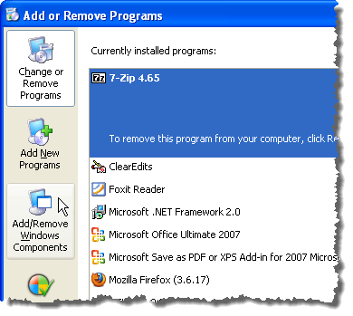 Kliknięcie Dodaj/Usuń składniki systemu Windows w systemie Windows XP