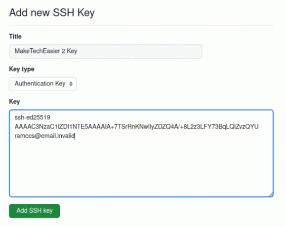 Zrzut ekranu przedstawiający nowy klucz alternatywny w Githubie.