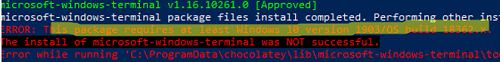microsoft-windows-terminal — ten pakiet wymaga co najmniej systemu Windows 10 w wersji 1903OS, kompilacja 18362