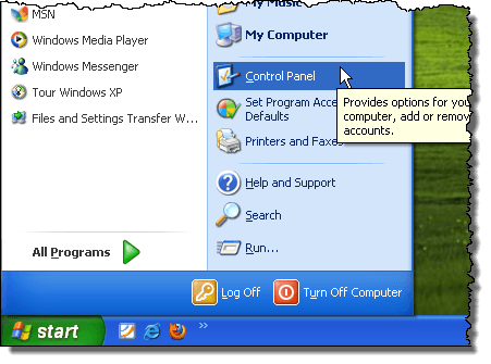 Abrir el Panel de control en Windows XP