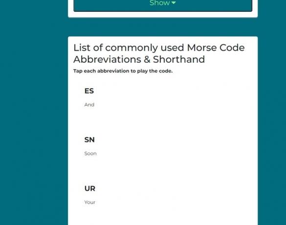 Lista de códigos abreviados de MorseFree.