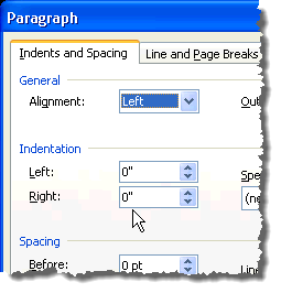 Inches on Indentation in Paragraph დიალოგური ფანჯარა Word 2003 -ში