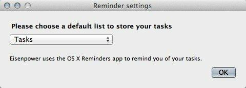 การตั้งค่า Eisenpower - เลือกรายการงานเริ่มต้นในแอพ Mac Reminders