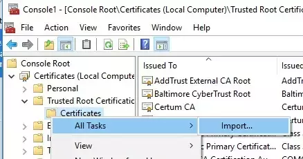 importige juursertifikaat CER-failist Windows 10-s