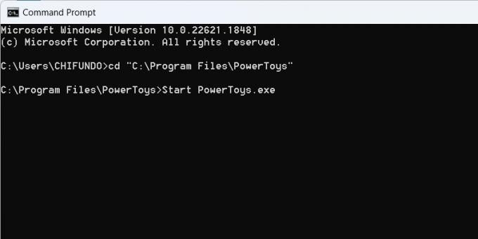 Esecuzione di PowerToys dal prompt dei comandi su Windows.