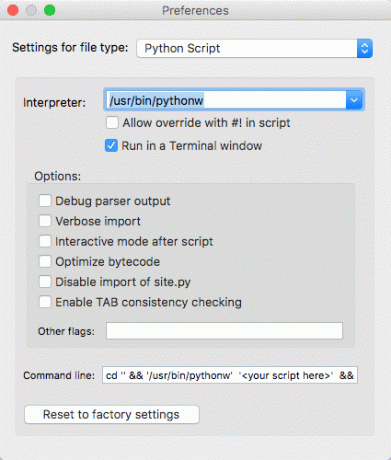 เมนูการตั้งค่า Python Launcher