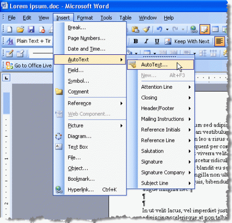 Az AutoText megnyitása Word 2003 -ban
