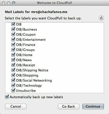 Vælg de labels, der skal sikkerhedskopieres på din Gmail- eller Google Apps-konto.