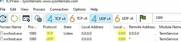 tcpview: показывает порт rdp 3389 по умолчанию для протоколов udp и tcp.