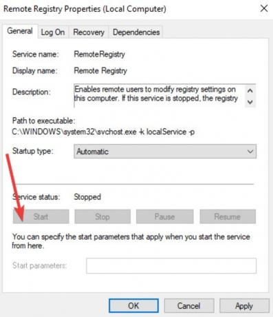 Spegnimento remoto Riavvia Servizi PC Windows10 Proprietà registro remoto Tipo di avvio Avvio automatico