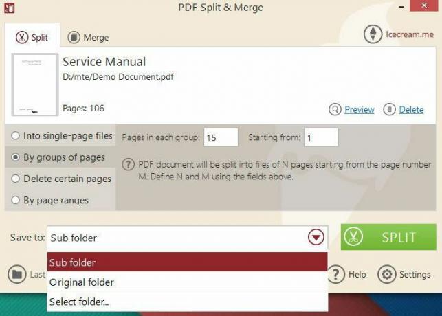 PDF Split og Mere split-alternativer.