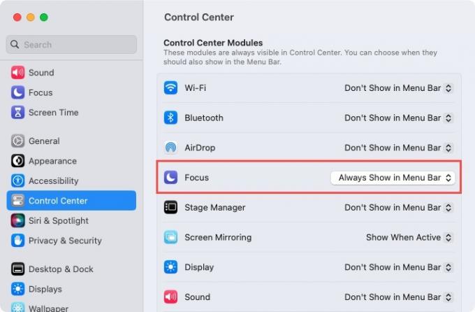 Kontrolcenter-menulinjeindstillinger for Fokus på Mac
