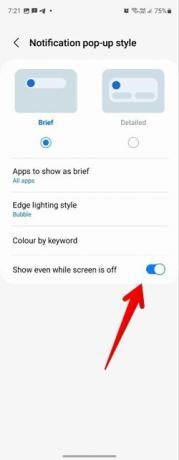 De optie 'Toon zelfs als het scherm is uitgeschakeld' inschakelen in de Samsung-telefooninstellingen.