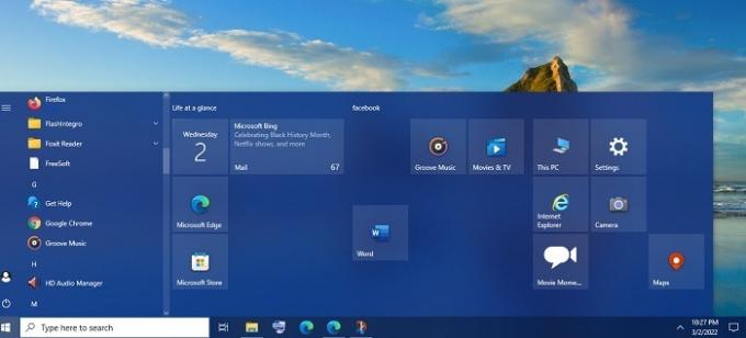 Effetti di trasparenza di Windows Menu Start di Windows10 trasparente