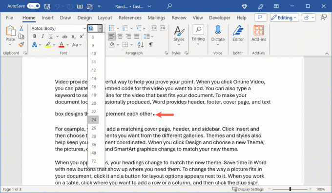 просмотр различных размеров шрифтов в Microsoft Word за определенный период