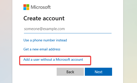 Schermata di accesso Aggiungi un utente senza un account Microsoft