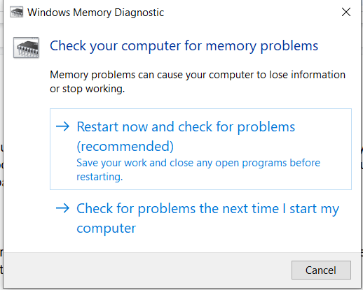 Diagnostica della memoria che non risponde di Windows