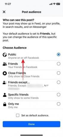 Переключение на общедоступный режим в окне «Аудитория публикаций» в приложении Facebook для iOS.