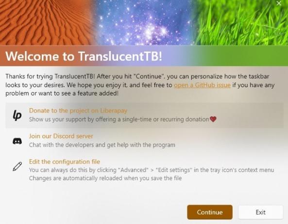 Effetti di trasparenza di Windows Benvenuti in Translucenttb