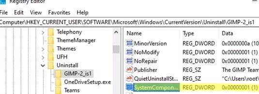Registriparameeter SystemComponent 1 ja installitud tarkvara