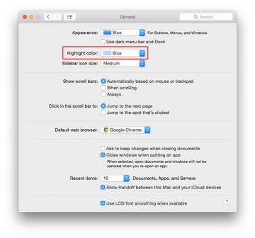OS X में "हाइलाइट टेक्स्ट कलर" कैसे बदलें?