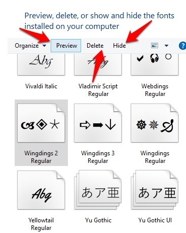 Installa Gestisci caratteri Impostazioni di Windows 10 Personalizzazione Caratteri Elimina Nascondi anteprima
