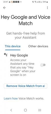 „Hey Google“, išjungta „Android“ išmaniajame telefone.