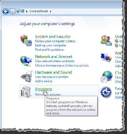 לחיצה על הקישור תוכניות ב- Windows 7