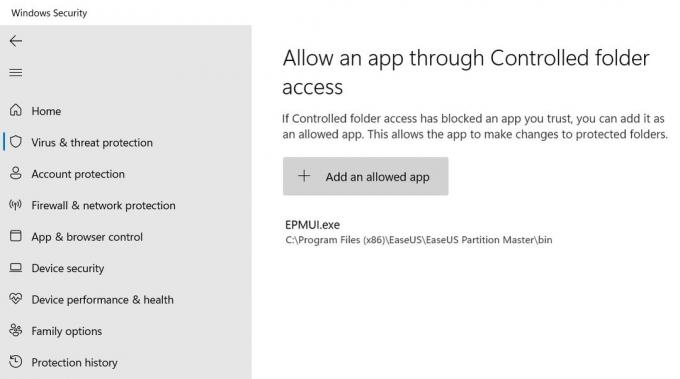 Aggiungi l'app consentita tramite l'accesso controllato alle cartelle per EaseUS Partition Master in Esplora file di Windows. 