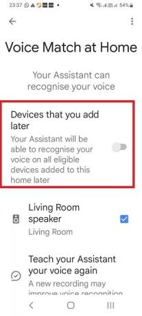 „Voice Match“ išjungtas „Google Assistant“ programoje „Google Home“, skirtoje „Nest“ garsiakalbiui.