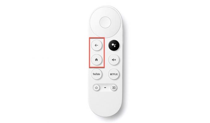 Paryškinti „Chromecast“ nuotolinio valdymo pulto „Atgal“ ir „Pagrindinis“ mygtukai