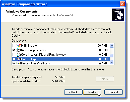 Нажатие Далее на экране компонентов Windows