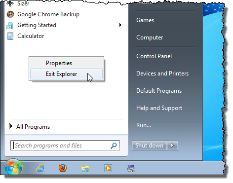 Toegang tot de menu-optie Verkenner afsluiten in Windows 7
