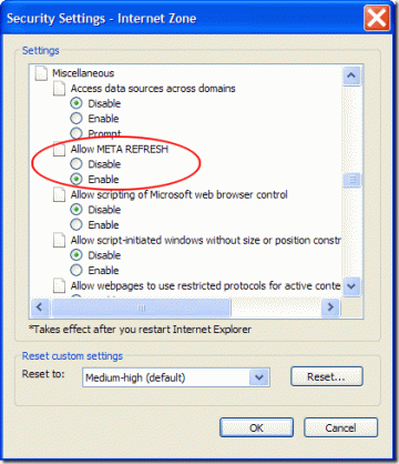 Отключить мета-обновление в Internet Explorer