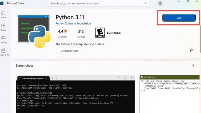 Installa Python da Microsoft Store facendo clic su 