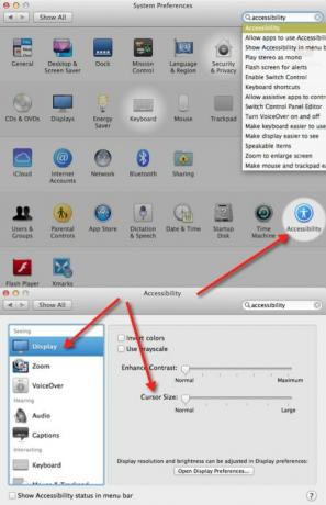 Gør din musemarkør større i mac ved at gennemse: Systemindstillinger -> Tilgængelighed -> Skærm