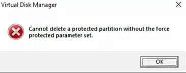 Zaščitene particije ni mogoče izbrisati brez vsiljeno zaščitenega nabora parametrov.